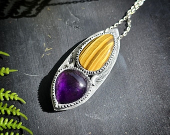 Tiger's Eye and Amethyst Pendant - Handmade Necklace