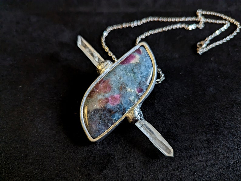 kyanite ruby quartz x pendant jewelry necklace unique gift for her for him druid magic witchy witch boho healing crystal gemstone wand talisman