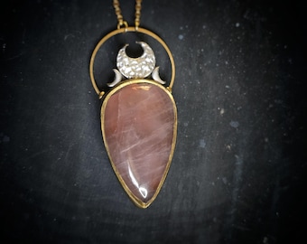 Rose Quartz Triple Moon Pendant - Handmade Celestial Necklace with Crescent Moon