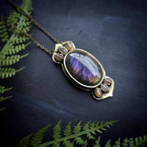 purple labradorite flashy peach moonstone pink sunstone morocco moroccan enchantress dnd cosplay costume ren faire jewelry necklace pendant talisman handmade handcrafted gold