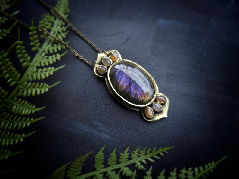 purple labradorite flashy peach moonstone pink sunstone morocco moroccan enchantress dnd cosplay costume ren faire jewelry necklace pendant talisman handmade handcrafted gold