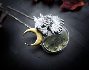 Prehnite Wolf Necklace with Pumpkin Window - Handmade Pendant - Hati