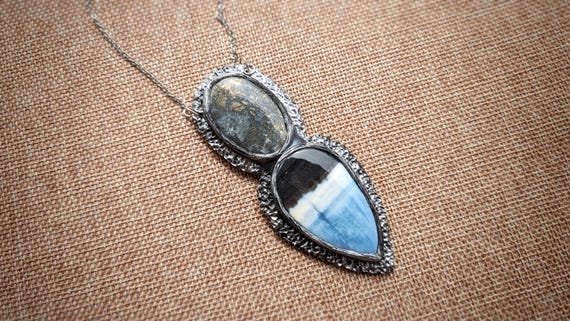 Marcasite and Blue Owyhee Opal Necklace - Handmade Pendant