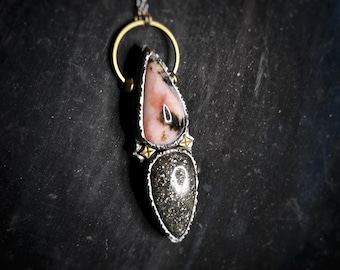 Pink Peruvian Opal and Black Sunstone Pendant - Handmade Celestial Necklace