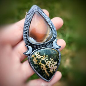 Botswana Agate & Ocean Jasper Lunar Pendant - Handmade Polymer Clay Necklace image 1