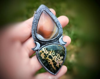 Botswana Agate & Ocean Jasper Lunar Pendant - Handmade Polymer Clay Necklace