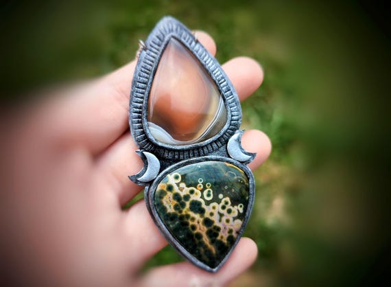 Botswana Agate & Ocean Jasper Lunar Pendant - Handmade Polymer Clay Necklace