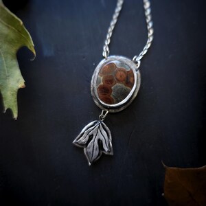 May include: Silver pendant necklace with an oval stone featuring a brown and gray pattern. A silver leaf charm hangs below the stone. The necklace is on a dark surface with leaves.