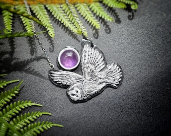 Twilight Owl Amethyst Necklace - Handmade Flying Owl Pendant