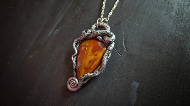 roots noreena jasper pendant celtic druid forest witch necklace jewelry red orange fall magic unique ecclectic eccentric spiral nature natural