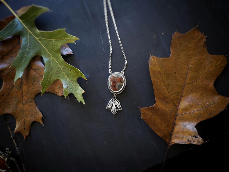 May include: A silver necklace with a pendant featuring a brown and red stone. The pendant is oval-shaped and has a silver leaf design below it. The necklace is displayed with brown and green leaves.