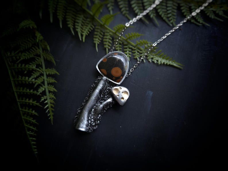 mushroom peanut obsidian shaggy mush mushie mycology fungi nature mycologist jewelry necklace pendant handmade handcrafted sculpted clay woman owned