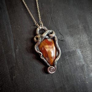roots noreena jasper pendant celtic druid forest witch necklace jewelry red orange fall magic unique ecclectic eccentric spiral nature natural