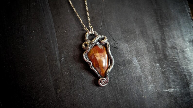 roots noreena jasper pendant celtic druid forest witch necklace jewelry red orange fall magic unique ecclectic eccentric spiral nature natural