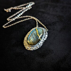 labradorite blue flash kintsugi repaired with gold broken stone necklace pendant talisman silver flashy