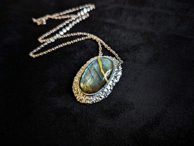 labradorite blue flash kintsugi repaired with gold broken stone necklace pendant talisman silver flashy
