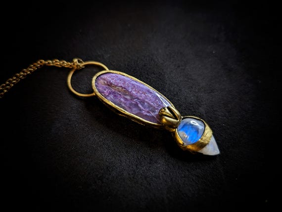 Charoite and Moonstone Pendant - Handmade