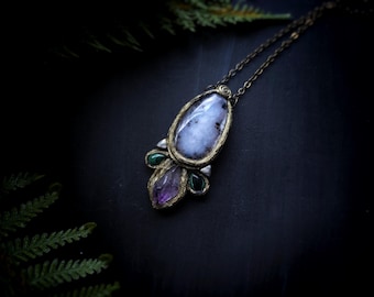 Dendritic Opal and Amethyst Necklace - Handmade Dark Fairytale Pendant
