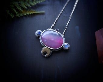 Pink Agate, Moonstone, and Amethyst Moon Necklace - Handmade Crescent Moon Pendant