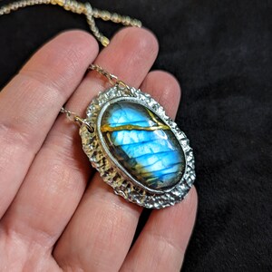 labradorite blue flash kintsugi repaired with gold broken stone necklace pendant talisman silver flashy