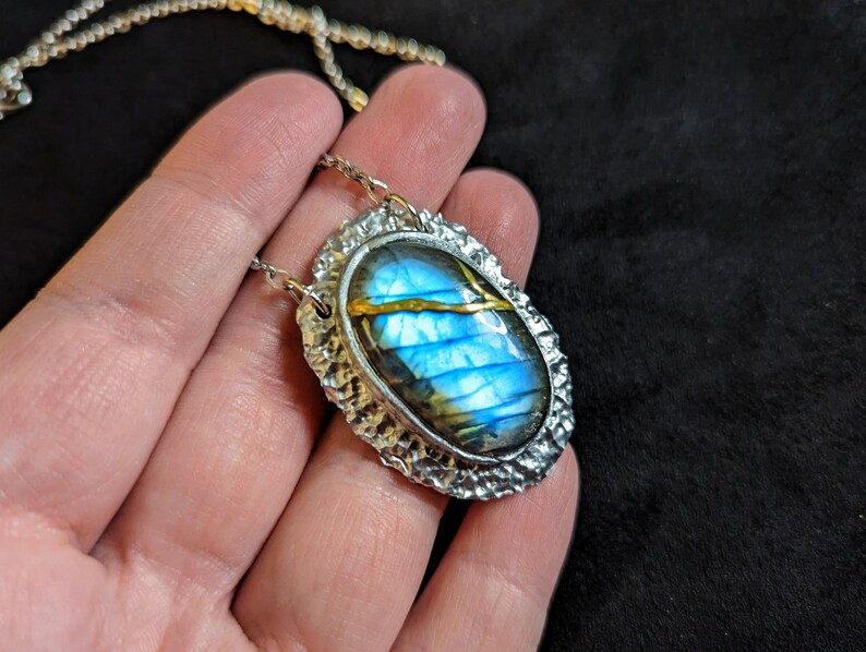 labradorite blue flash kintsugi repaired with gold broken stone necklace pendant talisman silver flashy
