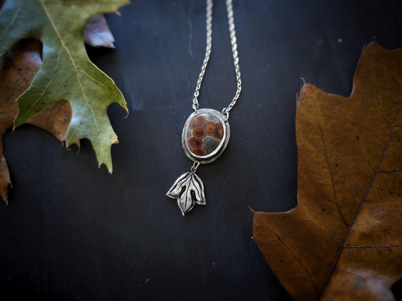 May include: A silver necklace with an oval pendant featuring a brown and gray stone. Below the pendant is a silver leaf design. The necklace is displayed on a dark surface with autumn leaves.
