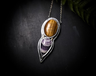 Tiger's Eye and Chevron Amethyst Pendant - Handmade Necklace