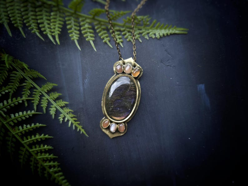 purple labradorite flashy peach moonstone pink sunstone morocco moroccan enchantress dnd cosplay costume ren faire jewelry necklace pendant talisman handmade handcrafted gold