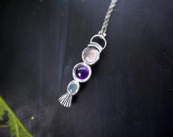 Rose Quartz, Amethyst, and Blue Chalcedony Pendant - Handmade Necklace