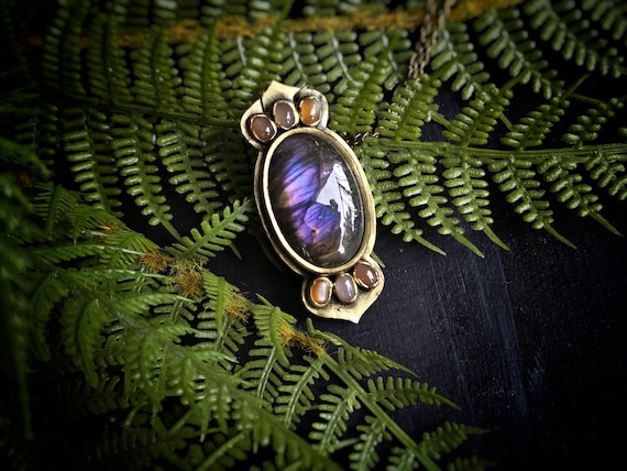 Purple Labradorite and Peach Moonstone Pendant - Handmade Necklace