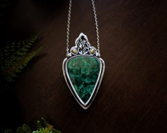 Malachite and Pyrite Acanthus Leaf Pendant - Dark Star Collection - Handmade Necklace