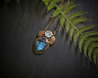 Turquoise Labradorite and Silky White Moonstone Pendant - Handmade Necklace
