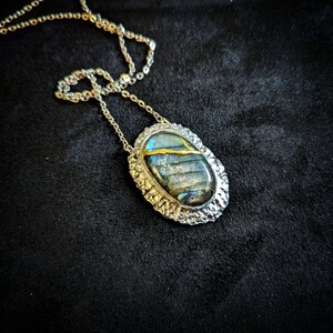labradorite blue flash kintsugi repaired with gold broken stone necklace pendant talisman silver flashy