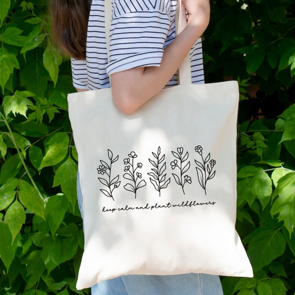 Floral tote bag, flower school bag, reusable wildflower bag, garden girls bag, cute plant bag, gardening bag, floral gift, summer beach tote