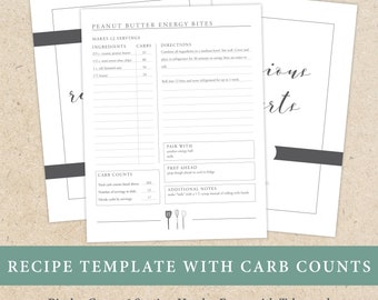 Recipe Templates with Carb Counting for Diabetes, Printable Instant Download, Recipe Binder Pages