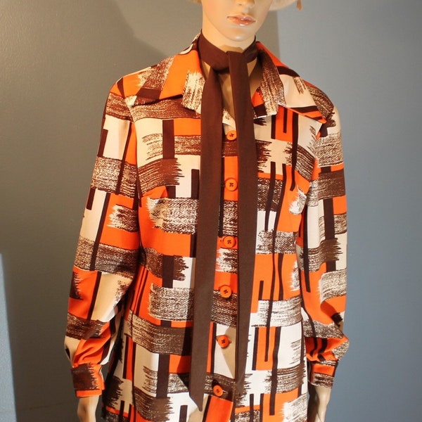 Vintage 1960's ILGWU Bleeker Street a Division of Jonathan Logan, Inc. Orange and Brown Abstract Blouse with Necktie Size 16 Made in the USA