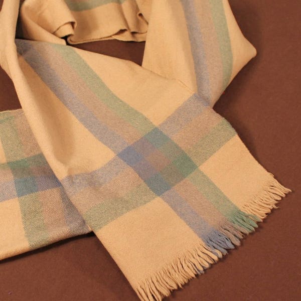 Vintage 1960s Beige, Blue, and Green Pastel Plaid Wool Scarf