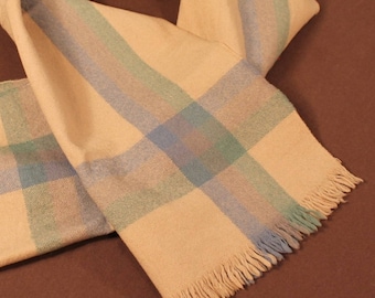 Vintage 1960s Beige, Blue, and Green Pastel Plaid Wool Scarf