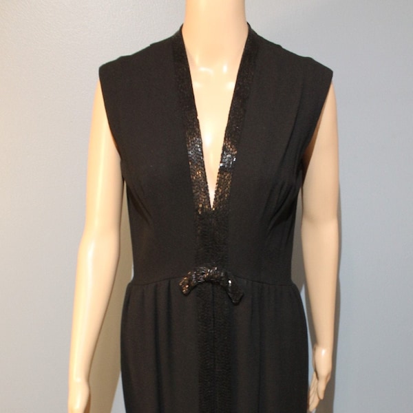 Vintage 1950s Jobere by Morty Sussman Designer Black Wool Deep V-Neck Beaded Evening Gown ILGWU Handmade in the USA