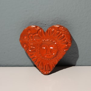 Vintage Handmade Orange Heart and Sun Clay Pinback Button