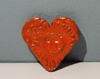 Vintage Handmade Orange Heart and Sun Clay Pinback Button