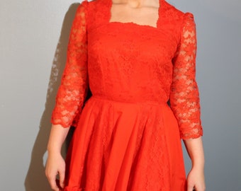 Vintage 1960s Handmade Red Floral Lace Three-Quarter Sleeve Dress Women's Small