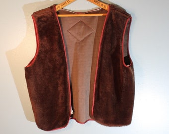 Vintage 1970s Brown Faux Fur Vest Jacket Liner