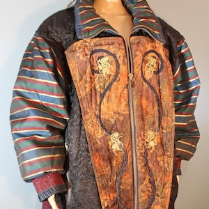 Vintage 1980 The Climate Zone Jaqueta de inverno XXL listrada marrom, preta e azul Unicórnio Puffer Coat