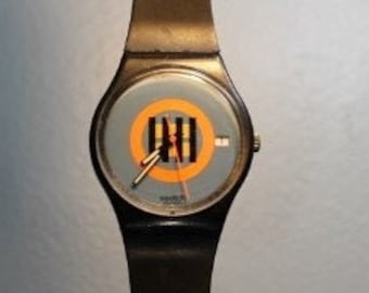 Vintage 1988 Coral Gables GB407 Black Blue and Orange Analog Wrist Watch with Date Keeper