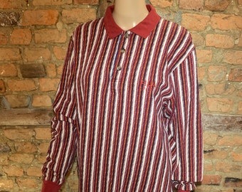 Vintage Original 1990s Fila Sport Striped Coogi Style Long Sleeve Polo Shirt Hombres Pequeño 100% Algodón