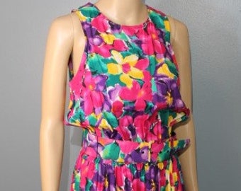 Vintage 1970s E.D. Michaels by Melanie Drucker Pink and Green Floral Sleeveless Dress with Matching Belt Women’s Size 7/8