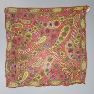 Vintage 1960s-1970s Silken Sheer Chiffon Pink and Yellow Floral Paisley Abstract Psychedelic Hippie Scarf Hand Rolled in Japan