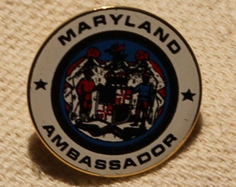 Vintage 1980s-1990s Maryland Ambassador William Donald Schaefer Governor Pin Blue and White Metal Badge with Stud Backing