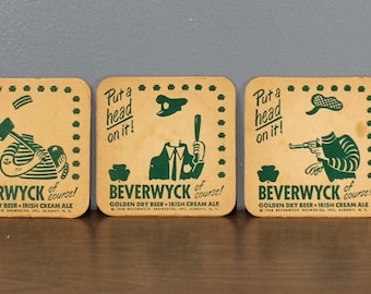 Vintage 1940s Set of 6 Beverwyck Golden Dry Beer Irish Cream Ale Put a Head on it  Beer Coasters Albany, NY
